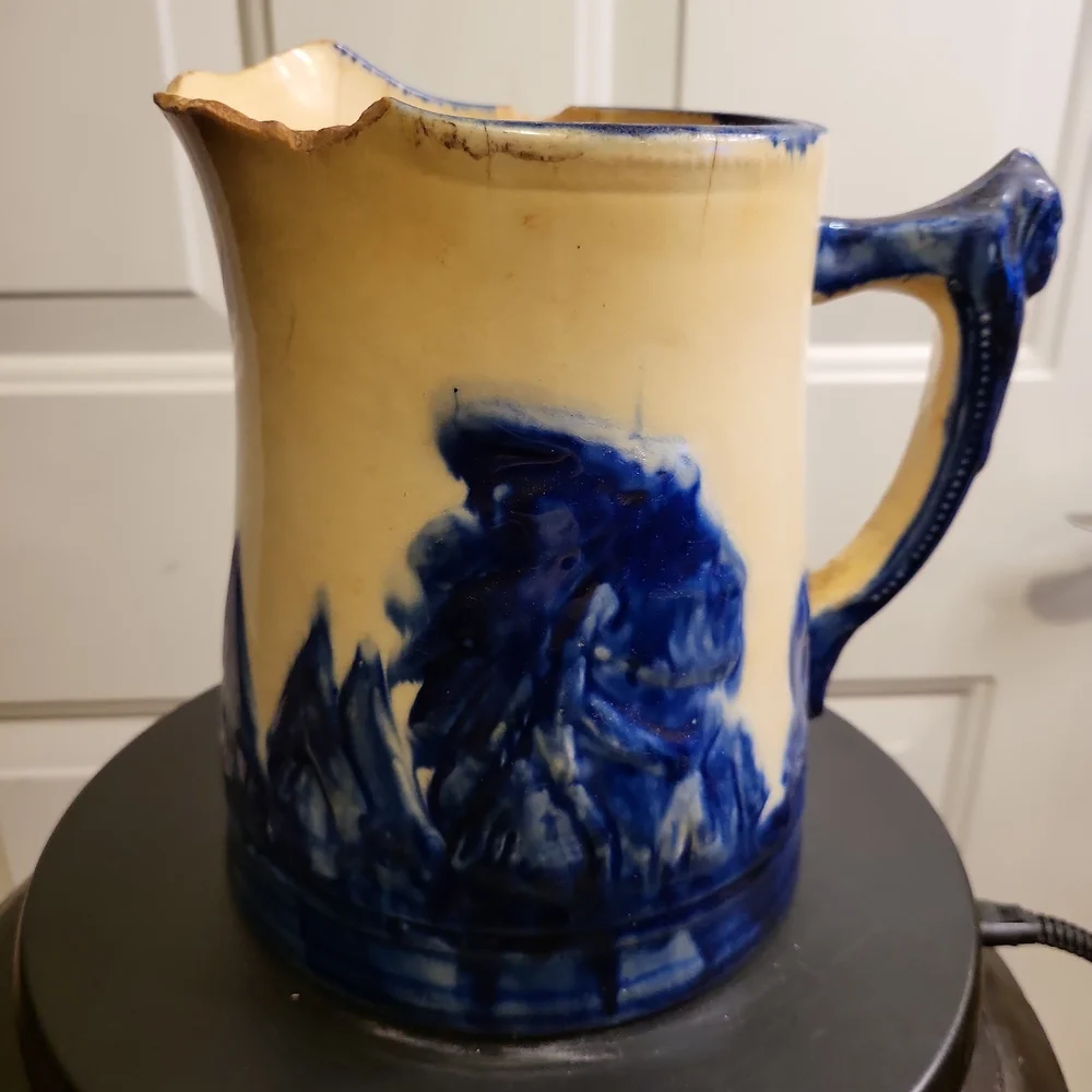Antique Old Sleepy Eyed Joe Blue & White Ironstone Pitcher 1900. - Picture 4 of 11